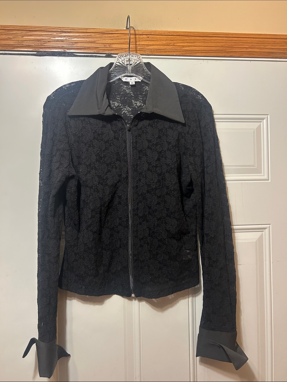 CAbi Black Lace Zip-Front Jacket with Contrast Collar M